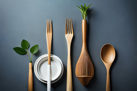 Eco Natural Paper Cups, Straws, Wooden Cutlery Flat Lay On Gray Background.Plastic Free Items. Top View Illustration. Generative AIの素材