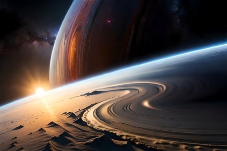 Colorful Saturn Planet In Dark Space With Stars. Generative AIの素材