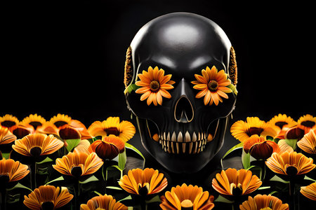 A Skull Surrounded By Orange And Yellow Flowers On A Black Background With Space For Your Text Or Image Stock Photo. Generative AIの素材