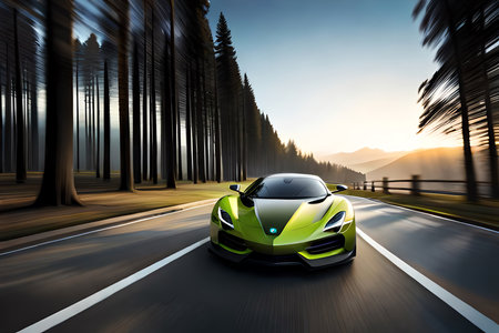 Generic And Unbranded Sport Car Run With Light Trails In A Wood, Illustration. Generative AIの素材