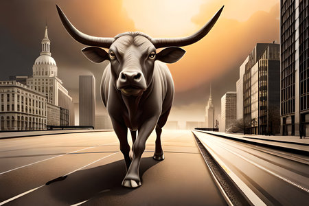 The Bull Takes The Stock Market And Share Prices On His Horns And Makes Them Rise. Generative AIの素材