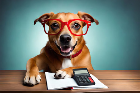 Shocked Cute Dog In Glasses With Open Mouth Looks At Calculator, Concept Of Surprised And Amazed, Technology. Generative AIの素材