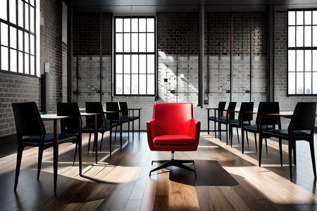 Red Chair Stands Out Among Rows Of Black Chairs. Generative AIの素材
