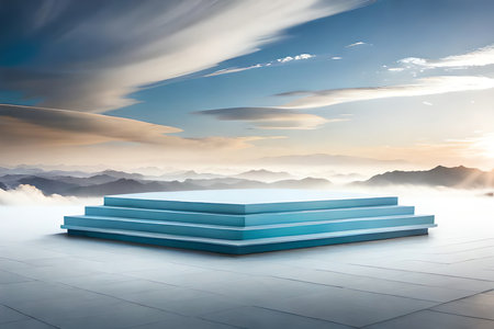 Pastel Colour Display Platform Podium Stage With Clouds In The Background. Generative AIの素材