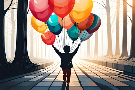 Abstract Art. Colorful Painting Art Of A Child With Heart Balloons. Mother'S Day Or Father'S Day Concept. Background Illustration. Generative AIの素材