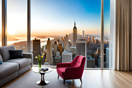 An Elegant Living-Room With View On New-York City, Armchair -. Generative AIの素材
