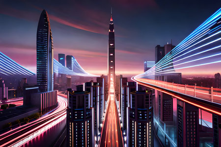 Futuristic City-Centered Hyper Loops Gateway, Ai Machine Learning, Digital Cyber Community,Metaverse Or New World Globalization Technology. Generative AIの素材