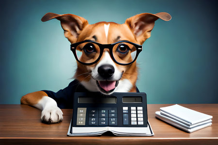 Shocked Cute Dog In Glasses With Open Mouth Looks At Calculator, Concept Of Surprised And Amazed, Technology. Generative AIの素材