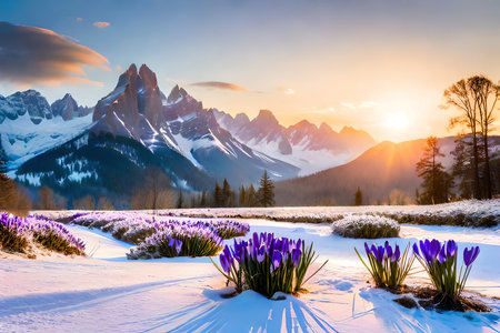 Spring Crocuses Flowers Under Snow Made With. Generative AIの素材