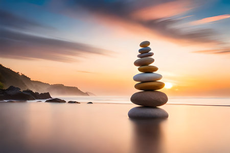 Stack Of Zen Stones On Pebble Beach At Sunset. Post-Processed. Generative AIの素材