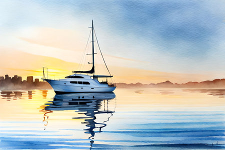 Watercolor Hand Drawn Illustration Yacht And Beach On White Background. Generative AIの素材