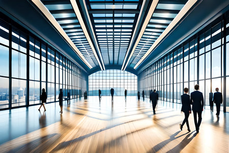 Background Of An Expo With Blurred Individuals In An Exposition Hall. Concept For A Major International Exhibition, Conference Center, Corporate Marketing, And Event Fair. Generative AIの素材