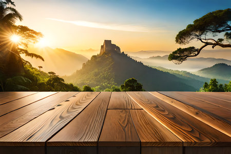 Empty Dark Wooden Table Top In Background Tropical Jungle Forest, Mock Up. Technology. Generative AIの素材