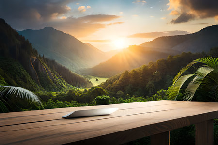 Empty Dark Wooden Table Countertop In Front, Tropical Jungle Forest. Technology. Generative AIの素材