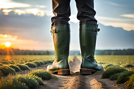 Close-Up Of A Farmer'S Feet In Rubber Boots Walking In Field Green Plants With Agricultural Vehicle Background. Generative AIの素材
