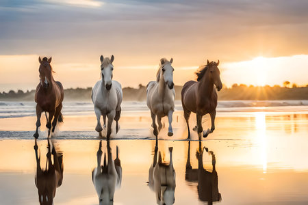 Stunning Camargue Horses Are Rushing Along The Beach Early In The Morning As The Sun Rises Behind Them. , Emotional Photo Horses, Horse In Sunset, Front View. Generative AIの素材