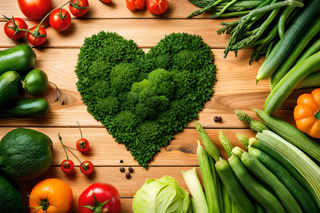 Green Vegetables Background. Heart Shape By Vegetables. Green Vegetables And Leafy Food Background Of Fresh Garden Produce, Organically Grown As Symbol Of Health. Wide Banner. Generative AIの素材