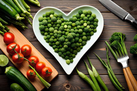 Green Vegetables Background. Heart Shape By Vegetables. Green Vegetables And Leafy Food Background Of Fresh Garden Produce, Organically Grown As Symbol Of Health. Wide Banner. Generative AIの素材