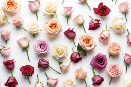 Assorted pink roses on white background, flatlay top view of rose flowers, floral graphic resources. Generative AIの素材
