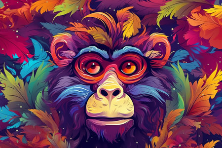 Abstract colorful monkey background with funny face and cannabis. Generative AIの素材