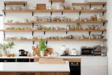 interior of modern kitchen with wooden shelves and white countertop, nobody insideの素材