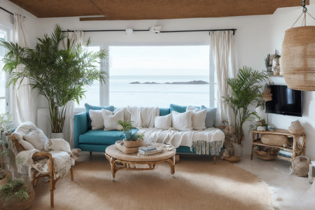 modern living room with sea view and sofa in scandinavian styleの素材