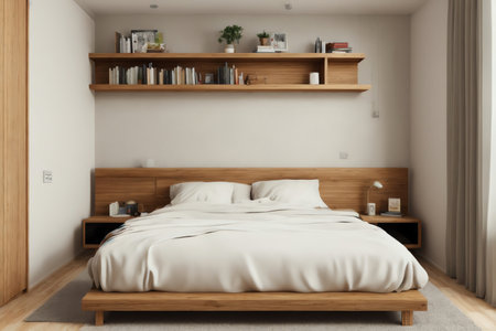 Interior of modern bedroom with white walls, wooden floor, comfortable king size bed and bookcase. 3d renderingの素材