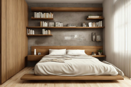 Interior of modern bedroom with wooden walls, wooden floor, comfortable king size bed and bookcase. 3d renderingの素材