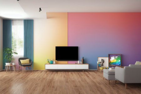 Interior of living room with tv on wall. 3d renderingの素材