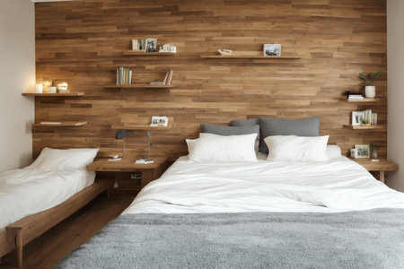 Interior of modern bedroom with wooden wall, bed and bookshelfの素材