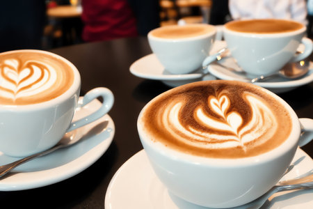 Coffee cup with latte art on table in coffee shopの素材