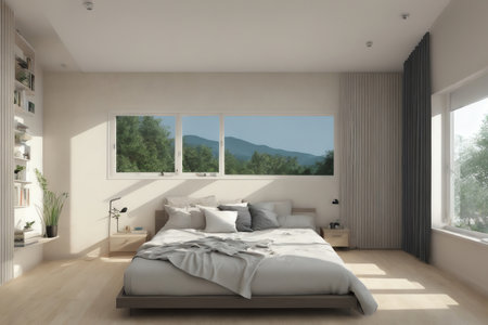 3d render of bedroom interior design with white walls and wooden floorの素材