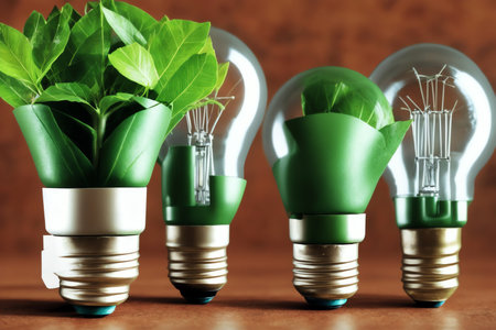 Energy saving light bulbs with green leaves on wooden background. Energy saving concept.の素材
