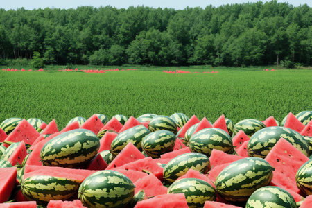 Ripe watermelons on a green field in the summer.の素材