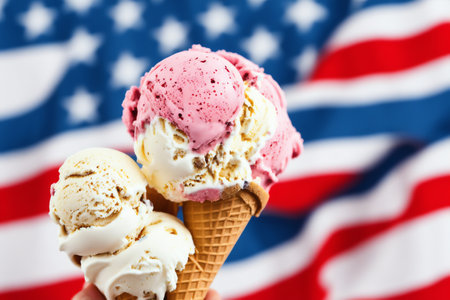 Strawberry and vanilla ice cream in waffle cone on american flag backgroundの素材