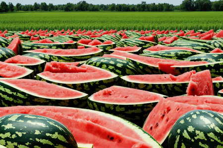 Watermelons in a field of watermelons in the summerの素材