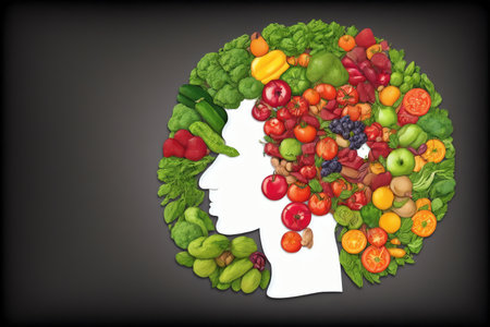 Human head made of fruits and vegetables. Healthy nutrition concept. Vector illustration.の素材