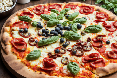 Pizza with mozzarella cheese, tomatoes, olives and basilの素材