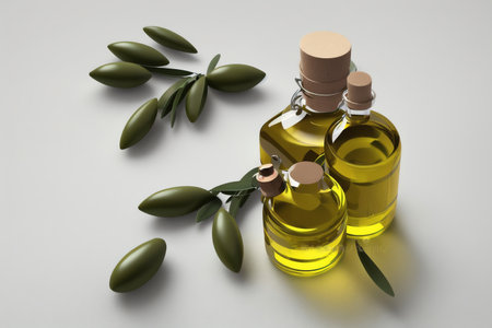 Olive oil and olives on white background. 3d illustrationの素材