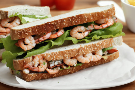 Sandwich with shrimps and lettuce on plate, closeupの素材
