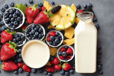 Composition with fresh berries and milk on grey background, top viewの素材