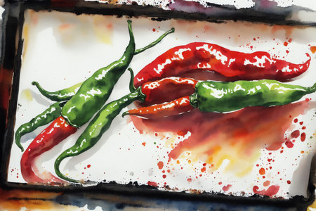 Red and green hot chili peppers on a white plate with watercolorsの素材