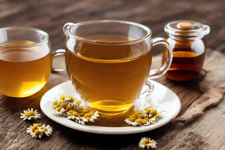 Cup of herbal tea with chamomile flowers on wooden tableの素材