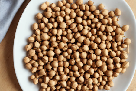 chickpeas on a white plate on a wooden table, top viewの素材