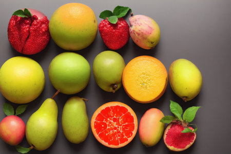 Fresh fruits on a dark background. Healthy food. Top view.の素材