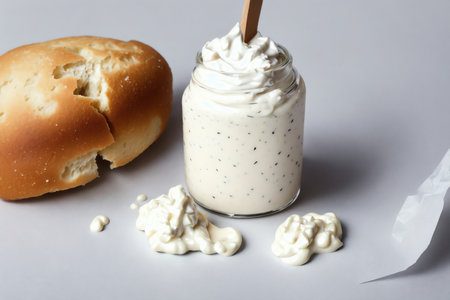 Whipped cream in a glass jar, bread and crumpled paperの素材