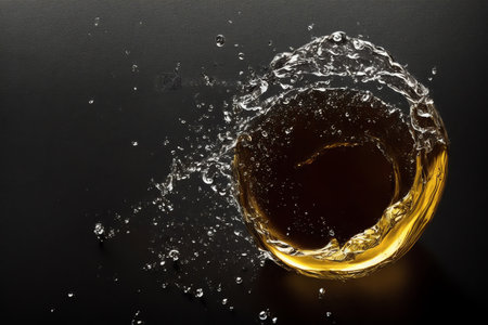 Whiskey splashing out of a glass on a black backgroundの素材