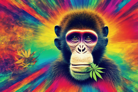 Chimpanzee with cannabis leaf on colorful background. Concept of alternative medicineの素材