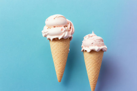Ice cream cones on blue background. Top view. Flat lay.の素材