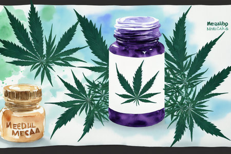 Cannabis oil in jar with marijuana leaf on watercolor backgroundの素材